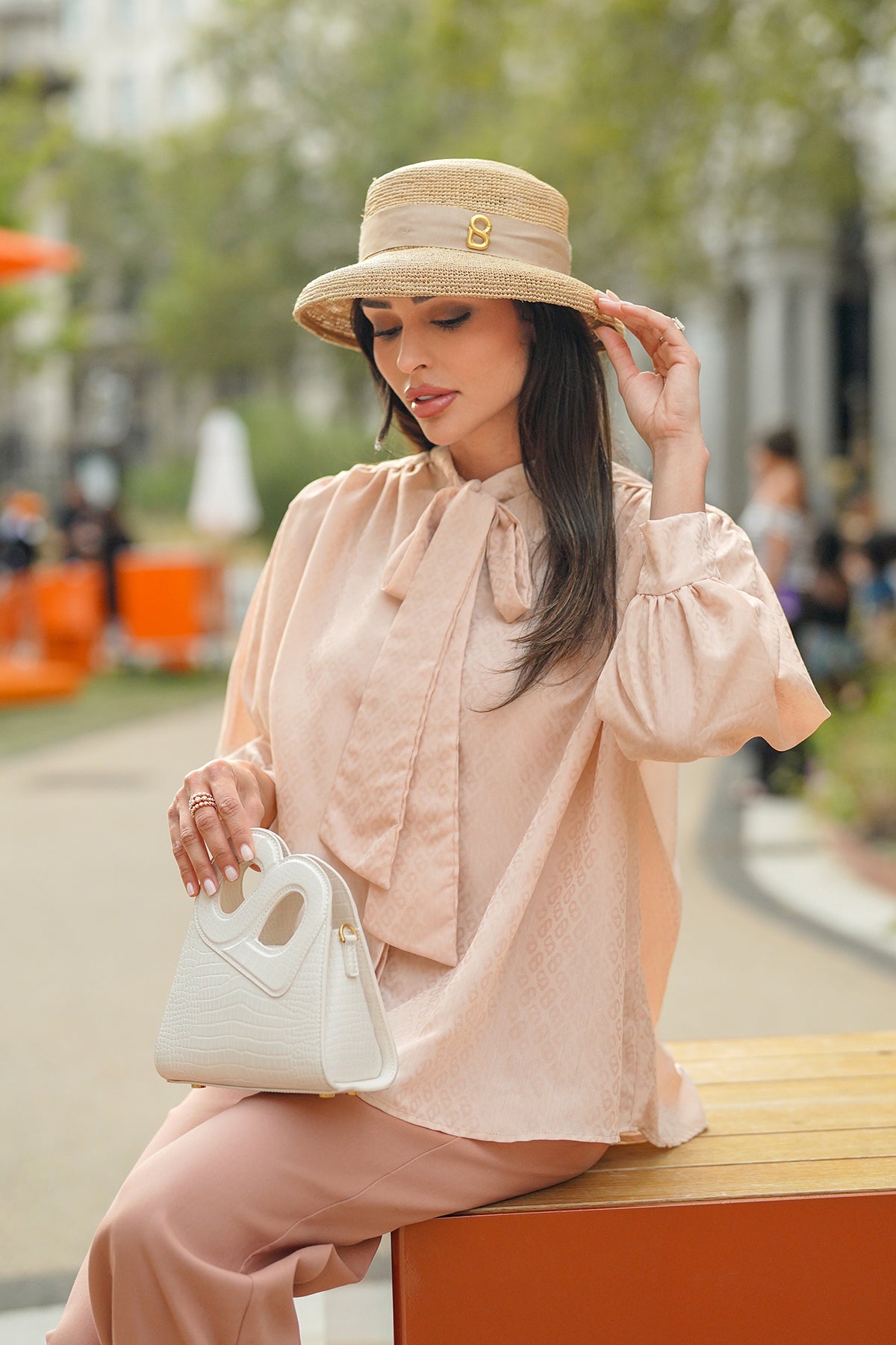 Monogram Embossed Bow Shirt - Beige