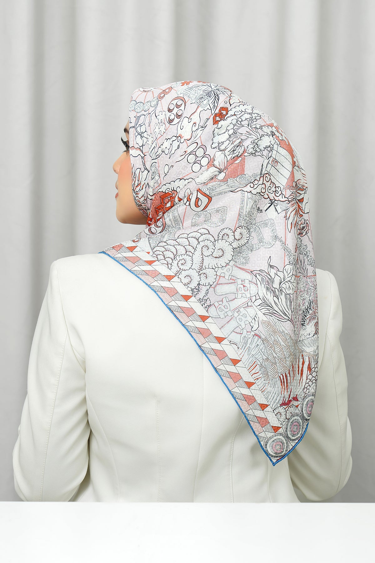 Silk Jacquard Square - Compass Blue & Peach