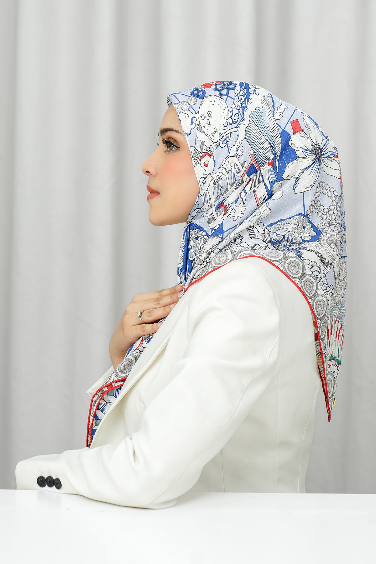 Silk Jacquard Square - Compass Blue & Red