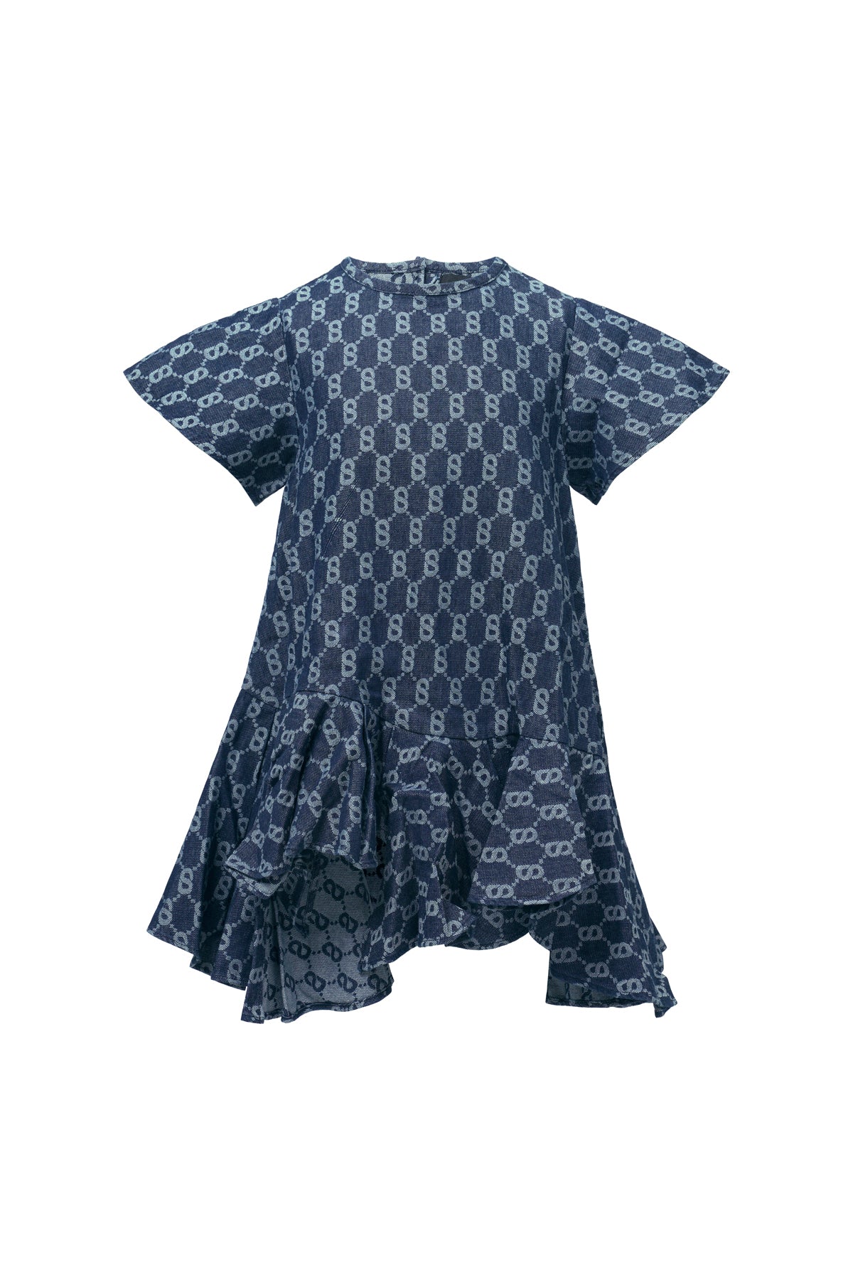 Monogram Denim Ruffle Dress - Navy