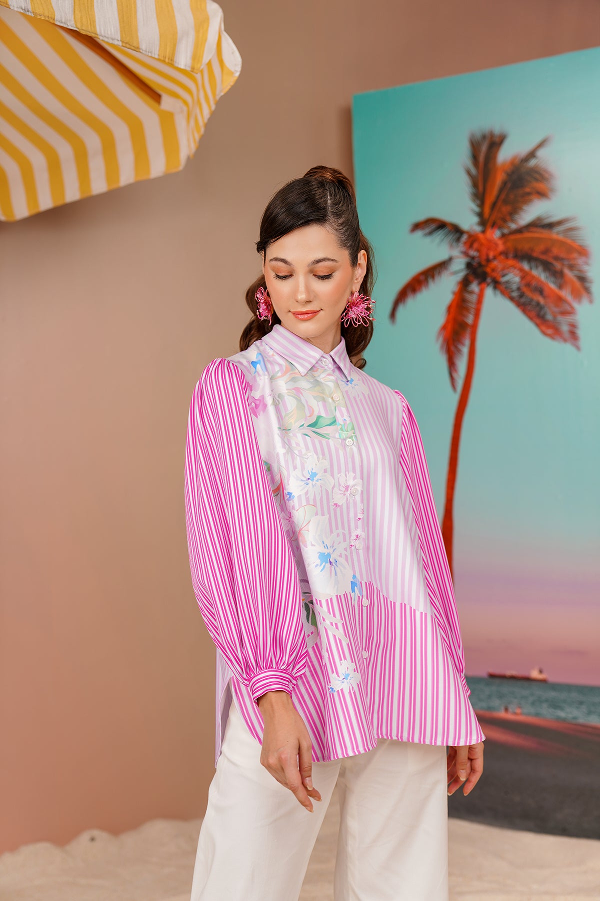 Buttonscarves X Jovian Paradiso Priscilla Blouse In White Pink