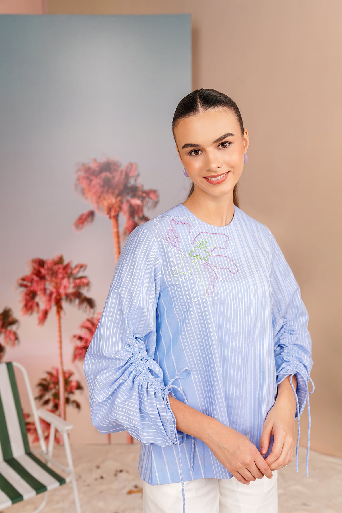 Buttonscarves X Jovian Paradiso Pauline Gathered Sleeve Blouse In Placid Blue